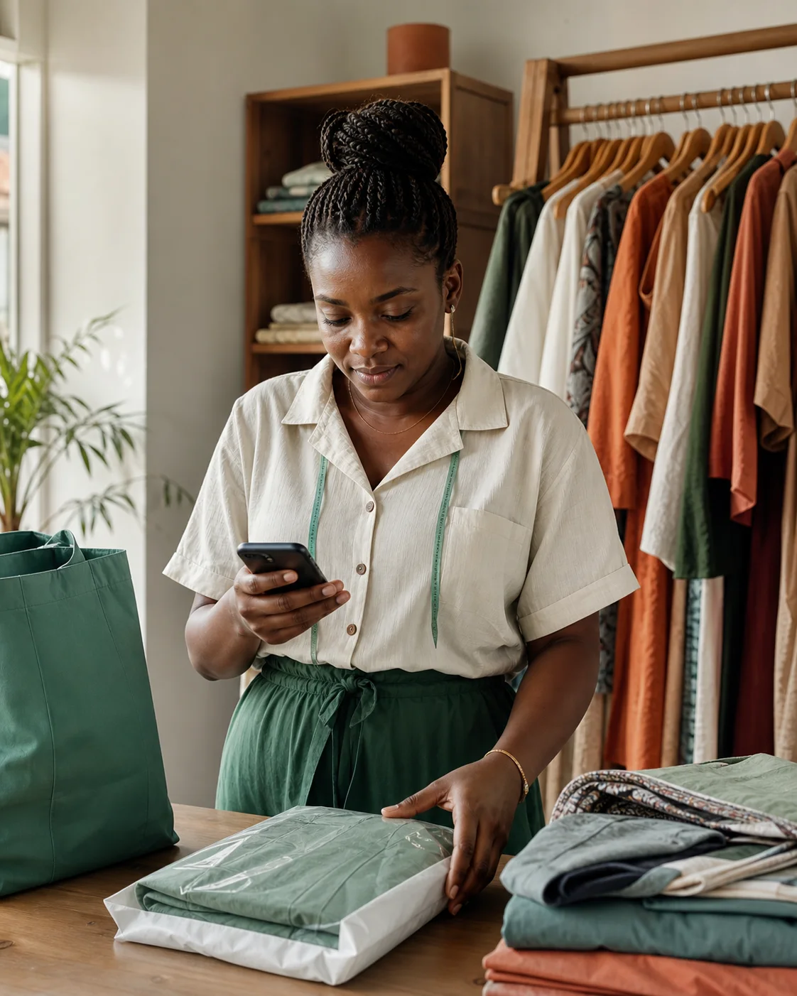 Une vendeuse béninoise prépare une commande de vêtements dans son atelier