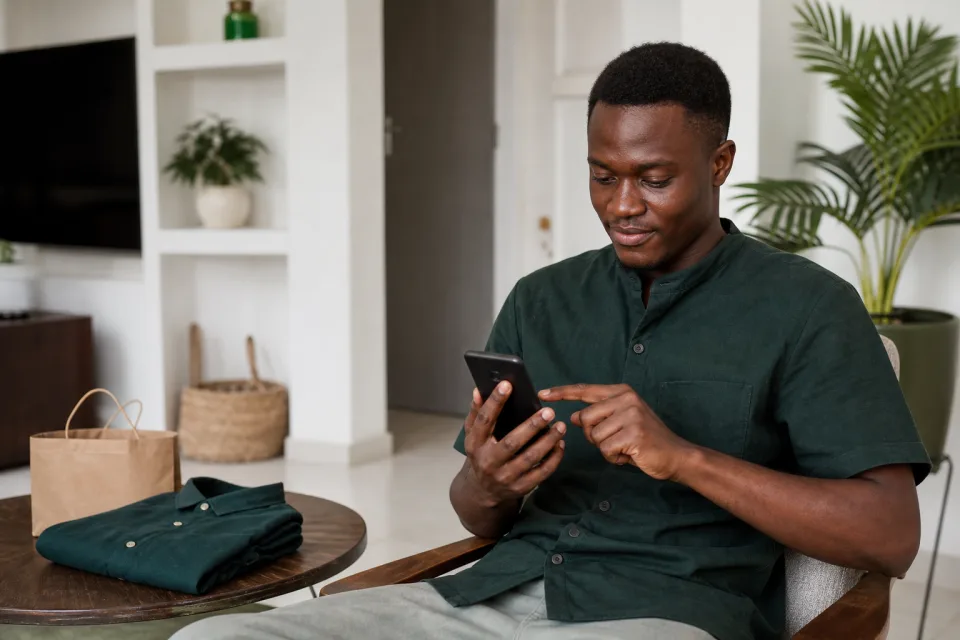 Un acheteur confirme son paiement Mobile Money sur son téléphone