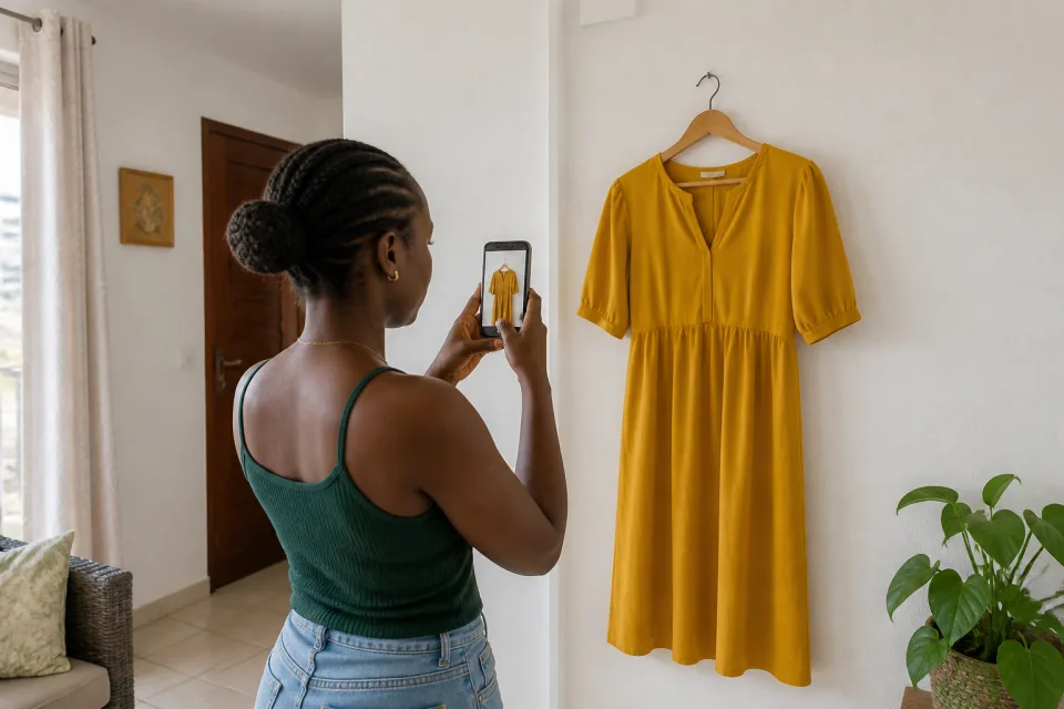 Une vendeuse photographie une robe pour publier son annonce