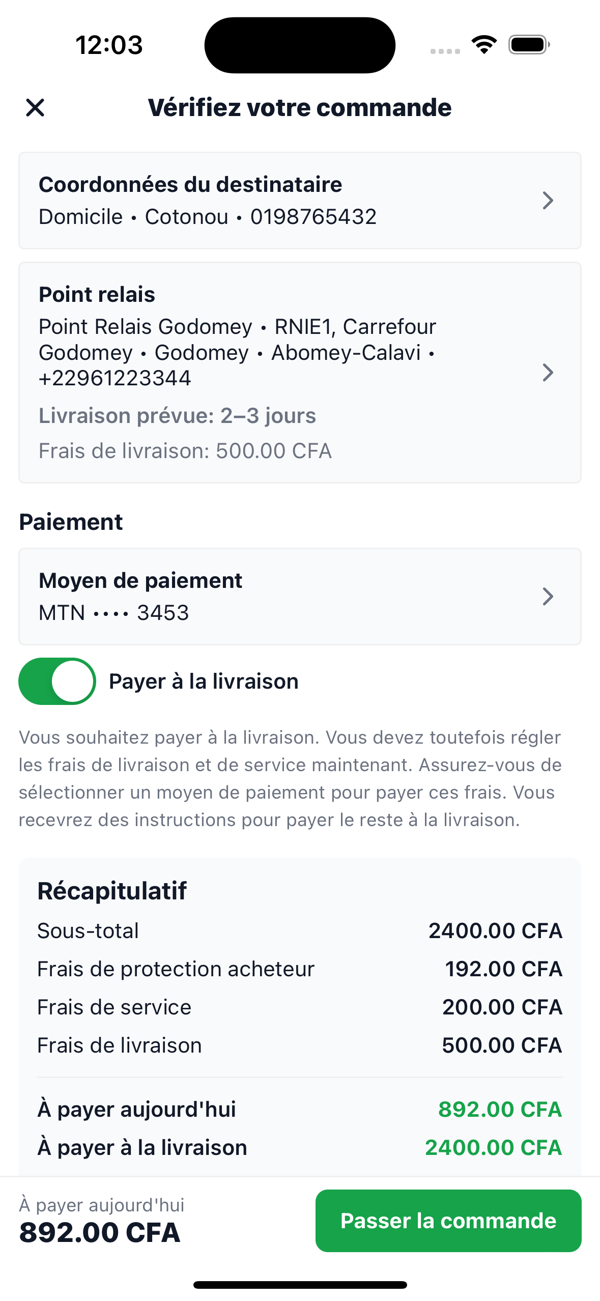 Checkout with fees and delivery time